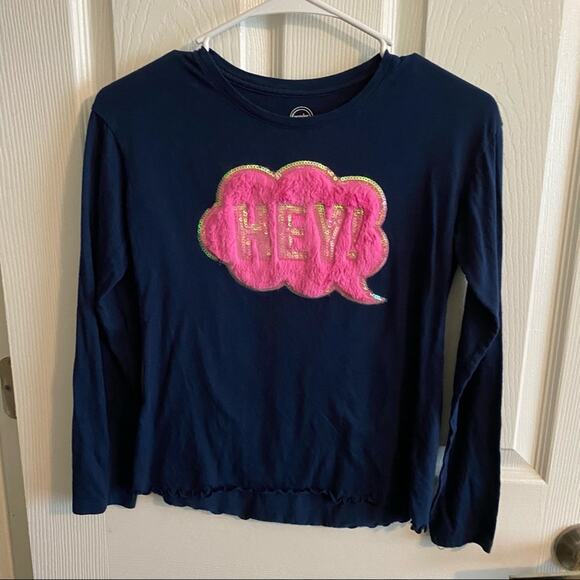 Wonder Nation Hey! Speech Bubble Shirt Girls Size Large 10 - 12 Dark Blue & Pink - Picture 1 of 7